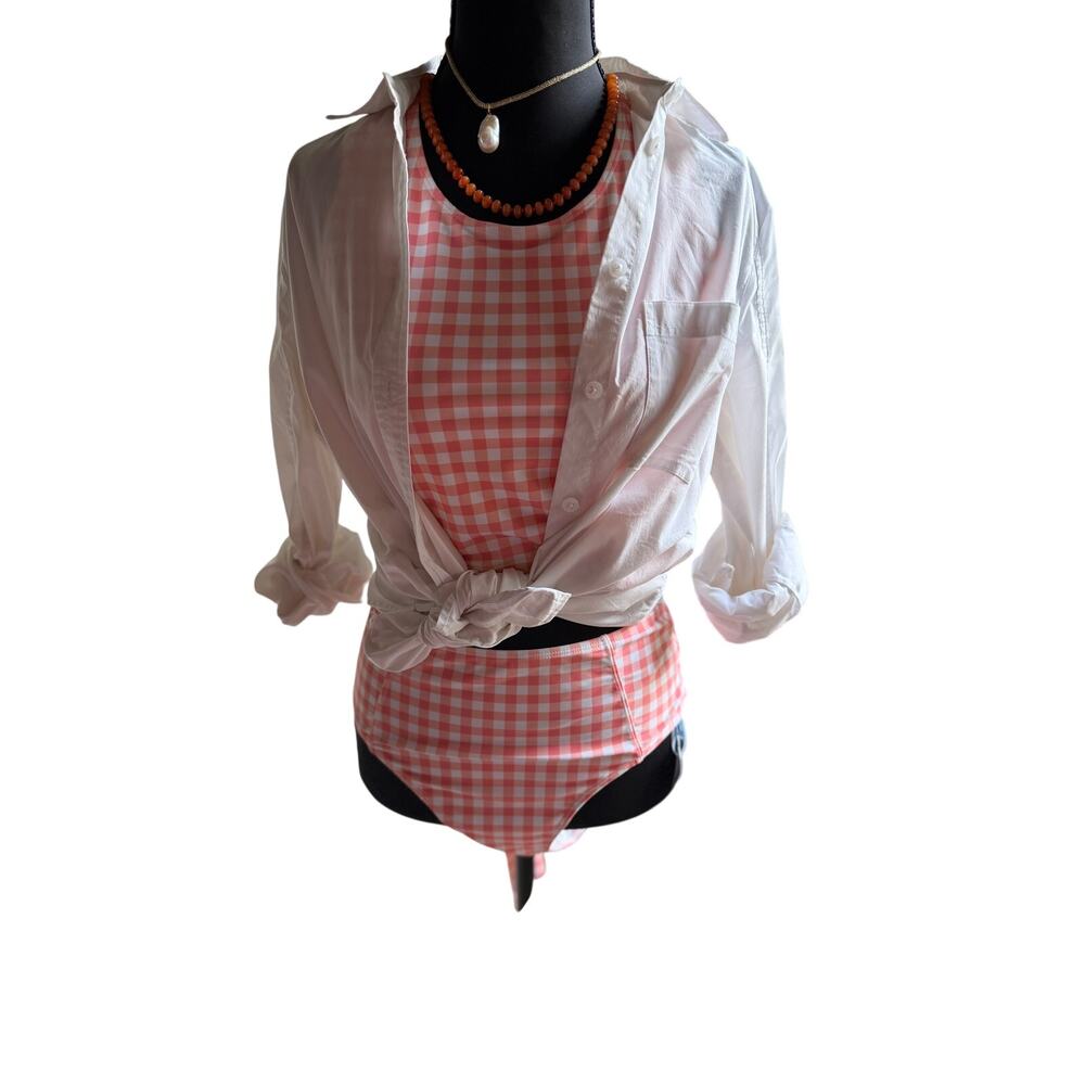NWT Conch Shell Pink Gingham Two Piece Bikini Medium Tie Back Swim Set